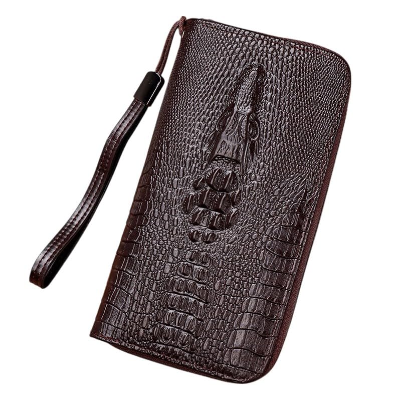 Carteiras longas com zíper para homens, carteira personalizada, talão de cheques, dinheiro, porta-cartões de crédito, bolsa de mão masculina, Crocodilo marrom, One size, Crocodilo marrom