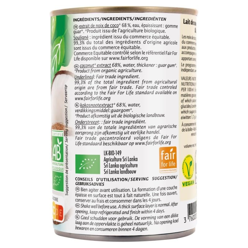 Jardin Bio Etic Lait De Coco Bio 40Cl - Boisson Végétale Naturelle et Gourmande pour une Alimentation Saine et Équilibrée - Lot De 4 - Vendu Par Lot