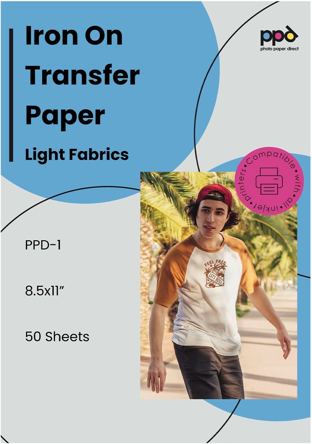 PPD 50 Sheets 8.5x11” - Inkjet Iron-on Heat Transfer Vinyl Paper for White & Light Fabric and T-Shirts - Premium - PPD-1-50