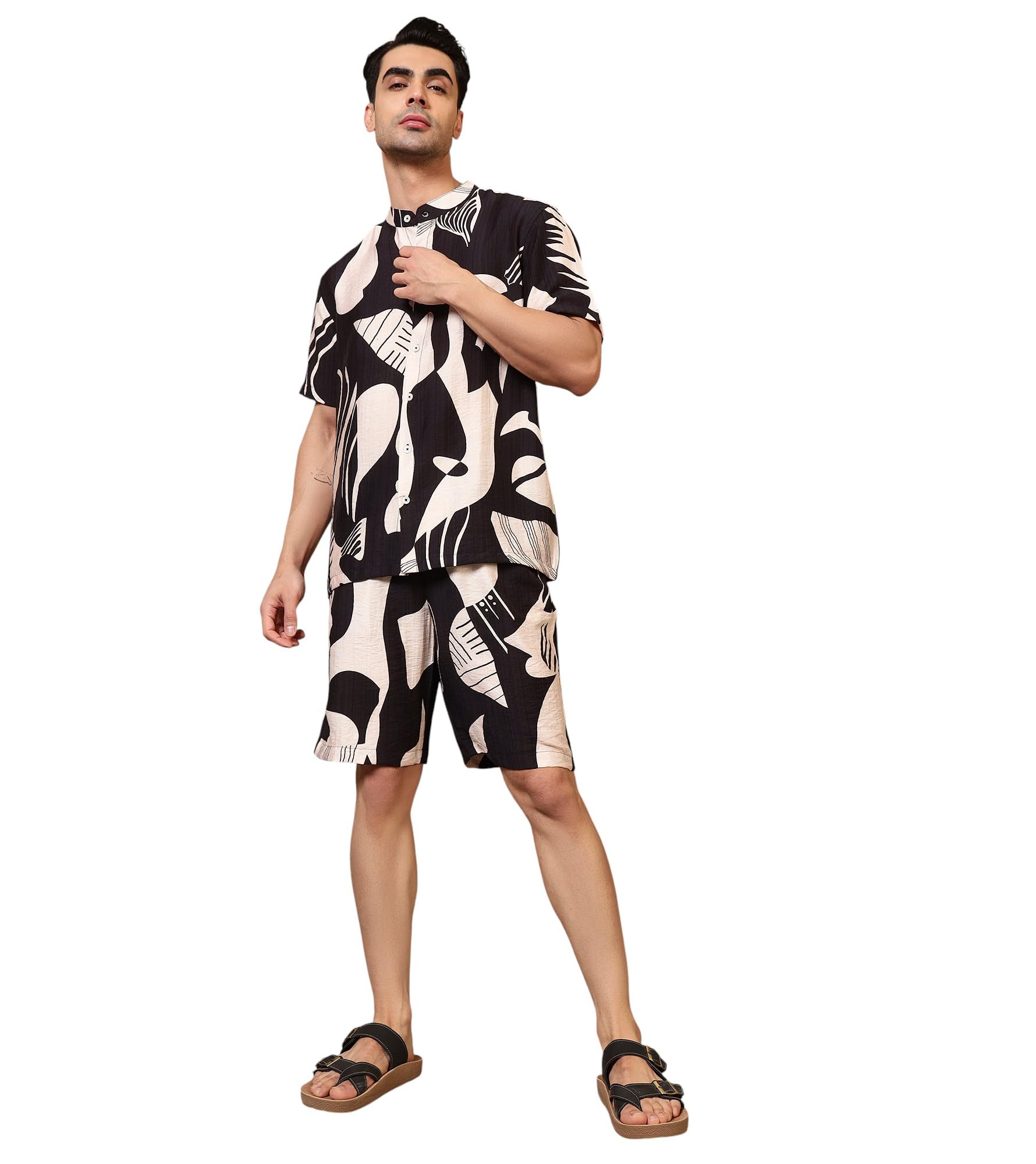 Men's Abstract Print Nylon Shirt with Knee Length Shorts Combo Cord Set|Half Pant|Shirt Dress|Mandarin Collar|Half Sleeve|Co ords for Men Fashion|Party Beach Wear|Casual Wear|Two Piece(Black)-image-40