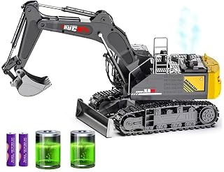15 Channel RC Excavator Metal Shovel,RC Digger Construction Toys,Dozer Tractor,Simulated Smoke, Sound, Metal Digging Head, Best Gift for 3+ Old Boys Adults