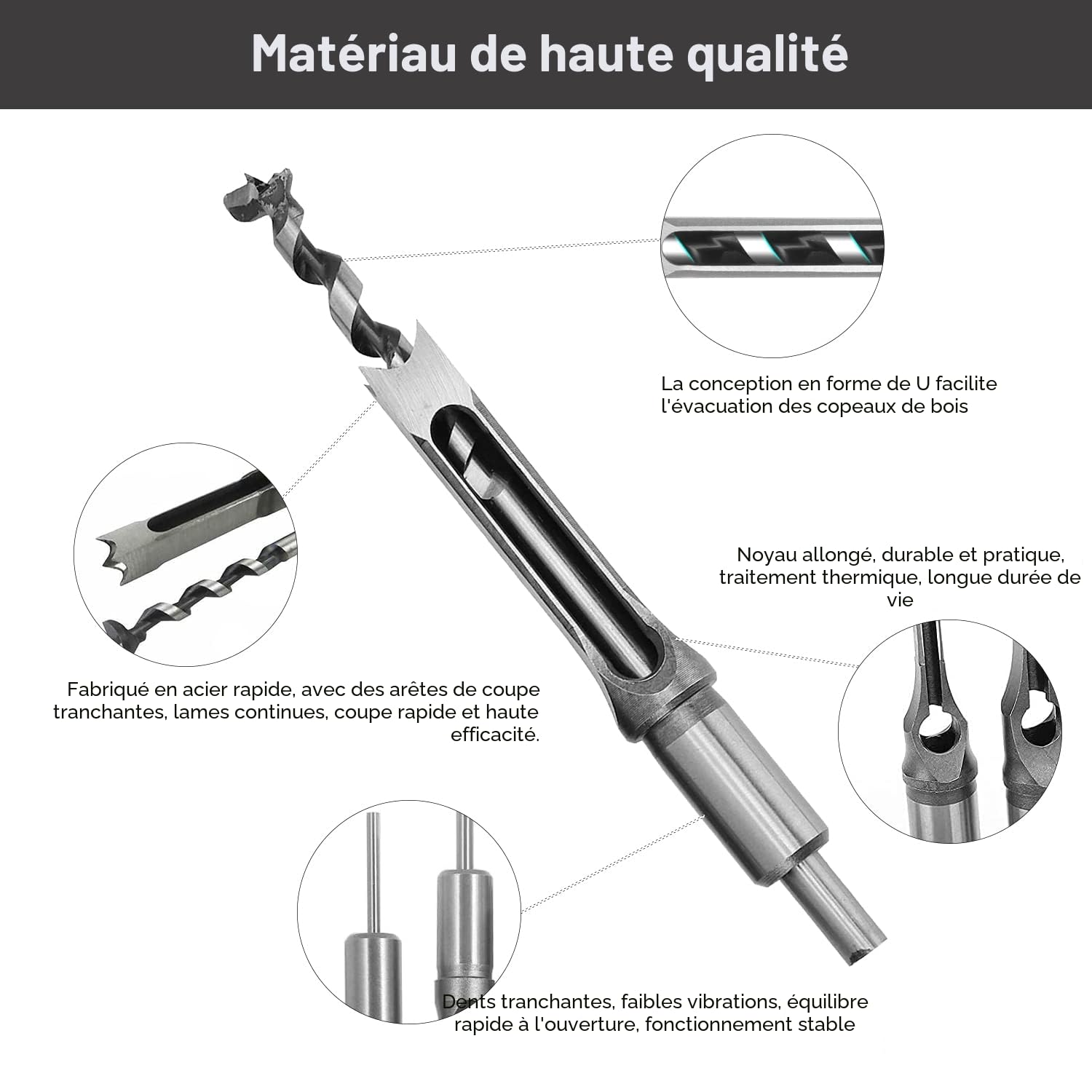 Lot de 6 Forets à bois trou carré bédanes creux acier mèches mortaiser burin 1/4", 5/16", 3/8", 1/2", 9/16", 5/8" outils menuiserie bricolage artisanat bois perçage manuel atelier domestique