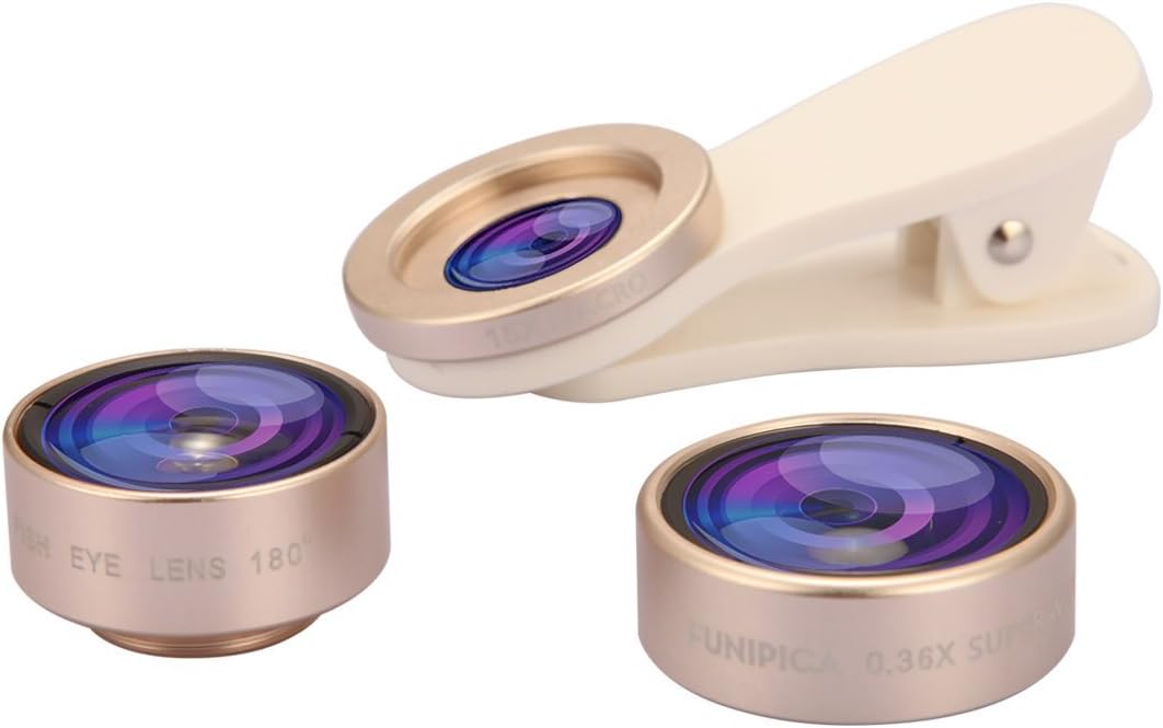 Cell Phone Lens,FUNIPICA HD Cell Phone Camera Lens Kit 3 in 1=180° Fisheye Lens 0.36X Wide Angle Lens 15X Macro Lens for iPhone 6s/6 Plus/5s,Samsung Galaxy,Nexus,All Cell Phones-Luxury Gold