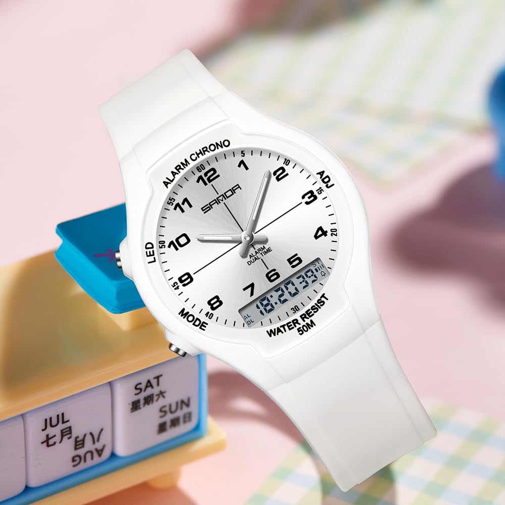 Gosasa Montre de sport analogique et numérique double fuseau horaire étanche jusqu'à 50 m Alarme chronographe Rétroéclairage LED Montre bracelet en silicone