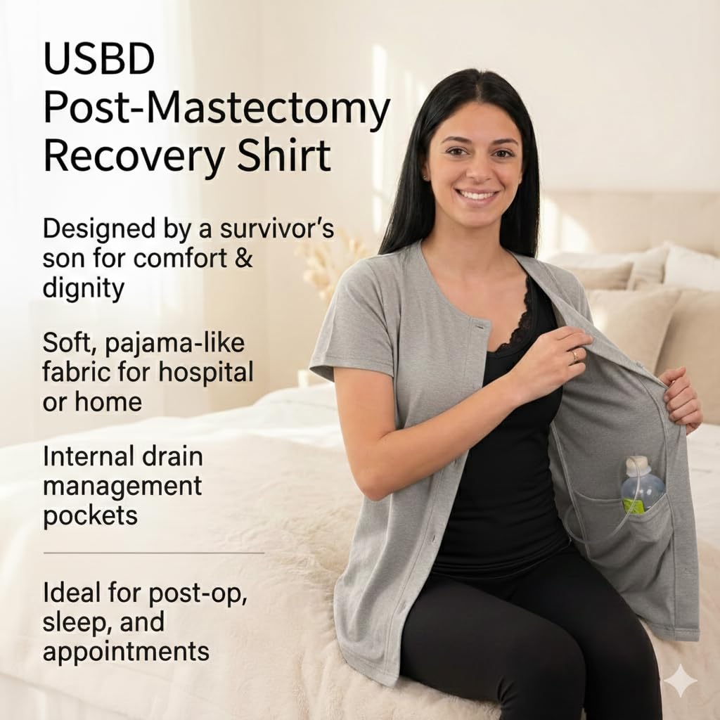 USBD Camisa de cuello redondo con bolsillos de drenaje, cómoda recuperación de mastectomía, soporte postoperatorio para mujer