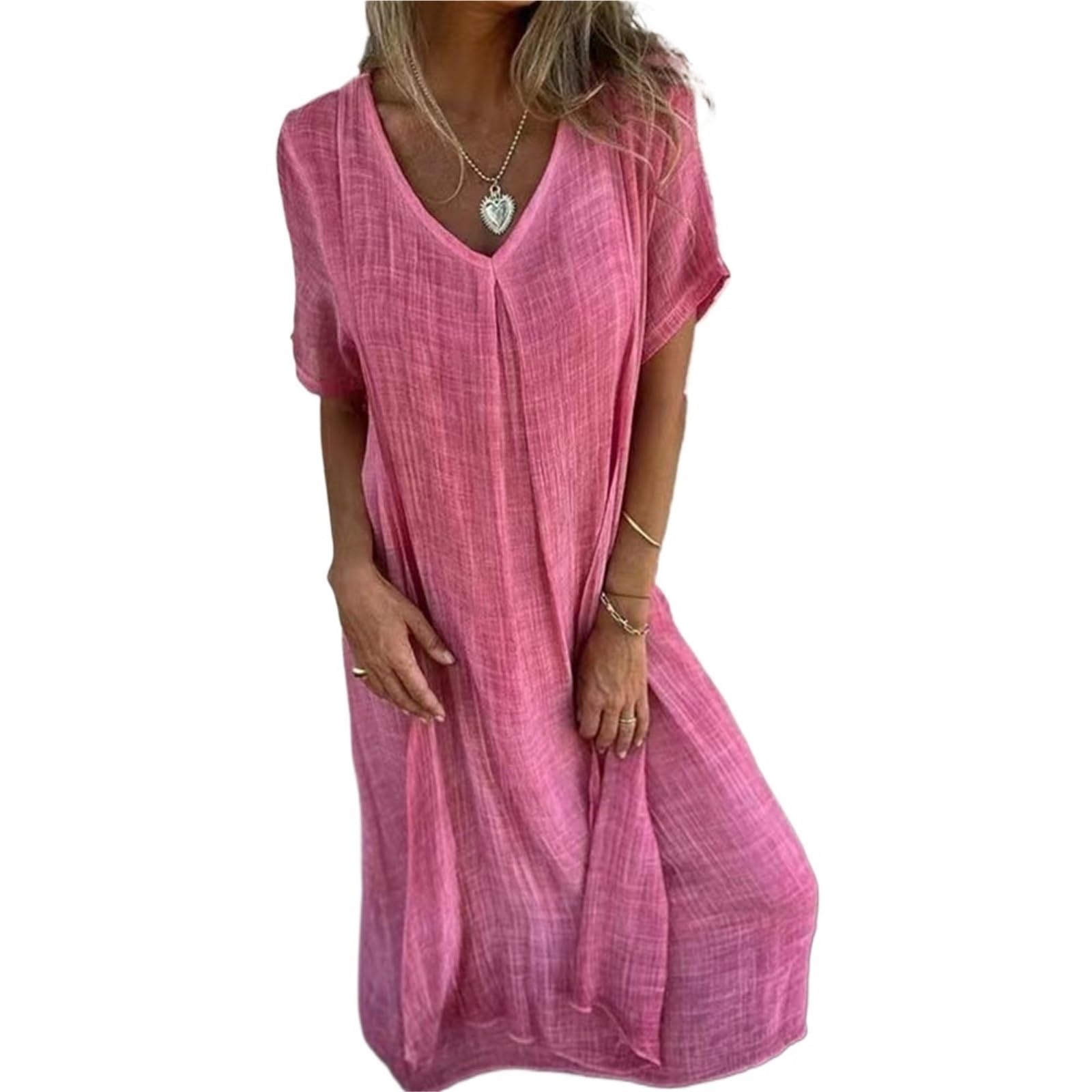 Vestido de Playa algodón y Lino, Suelto, con Cuello en V, Vintage, Recto, Transpirable, Vestidos Largos