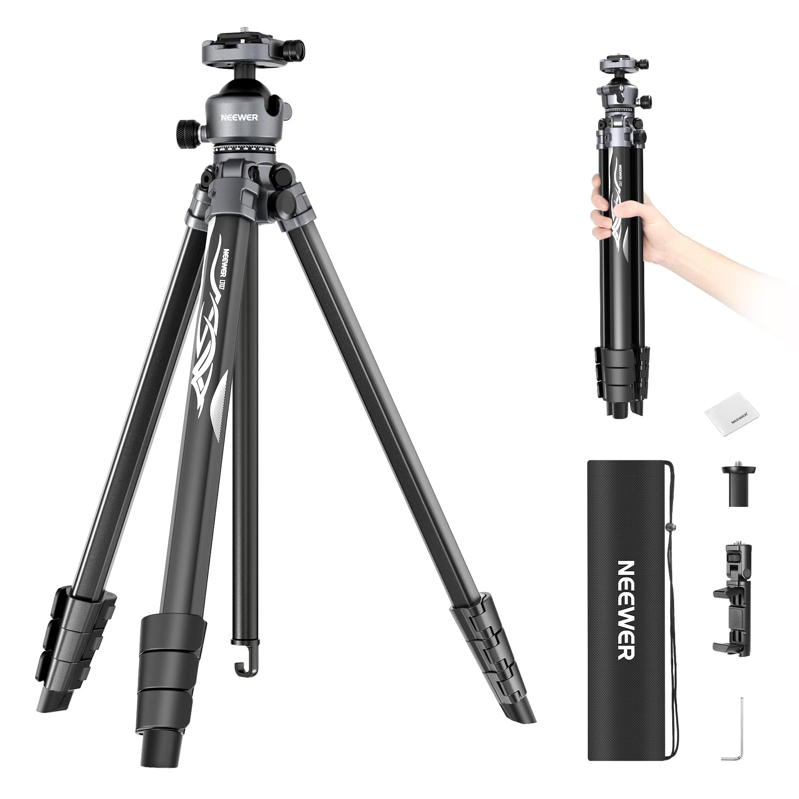 NEEWER LITETRIP LT07 61" Aluminum Travel Camera Tripod, Portable Stand with Ball Head Dual Axis Cell Phone Holder Arca QR Plate Compatible with iPhone for Video Recording, Max Load 22lb