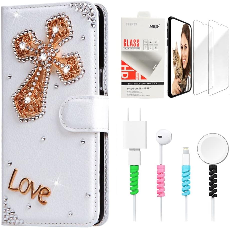 STENES Bling Wallet Phone Case Compatible with iPhone 13 Pro Case - Stylish - 3D Handmade Cross Design Leather Cover with Screen Protector & Cable Protector - Gold