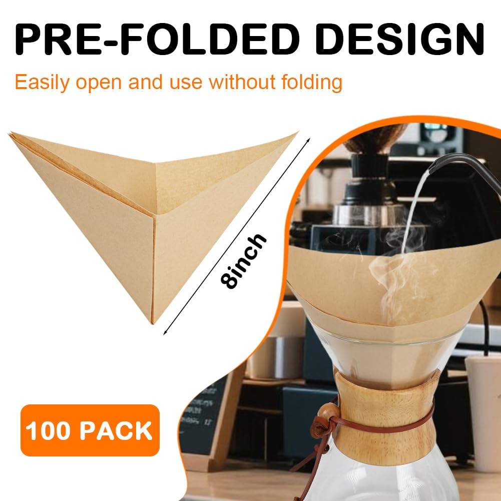 BYKITCHEN Pre-folded Pour Over Coffee Filter, Set of 100, Natural Unbleached Square Disposable Coffee Filter Papers for Pour-Over Coffee Maker Drippers and More