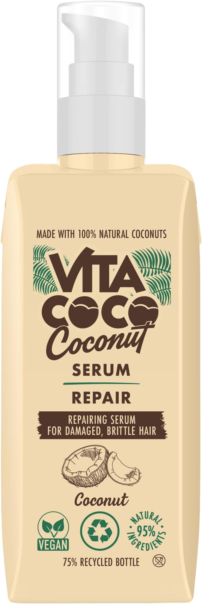 Vita Coco Coconut Repair Serum for Damaged Hair 150ml, 95 Percent+ Natural Repairing Hair Treatment, protects and repairs, for all hair types