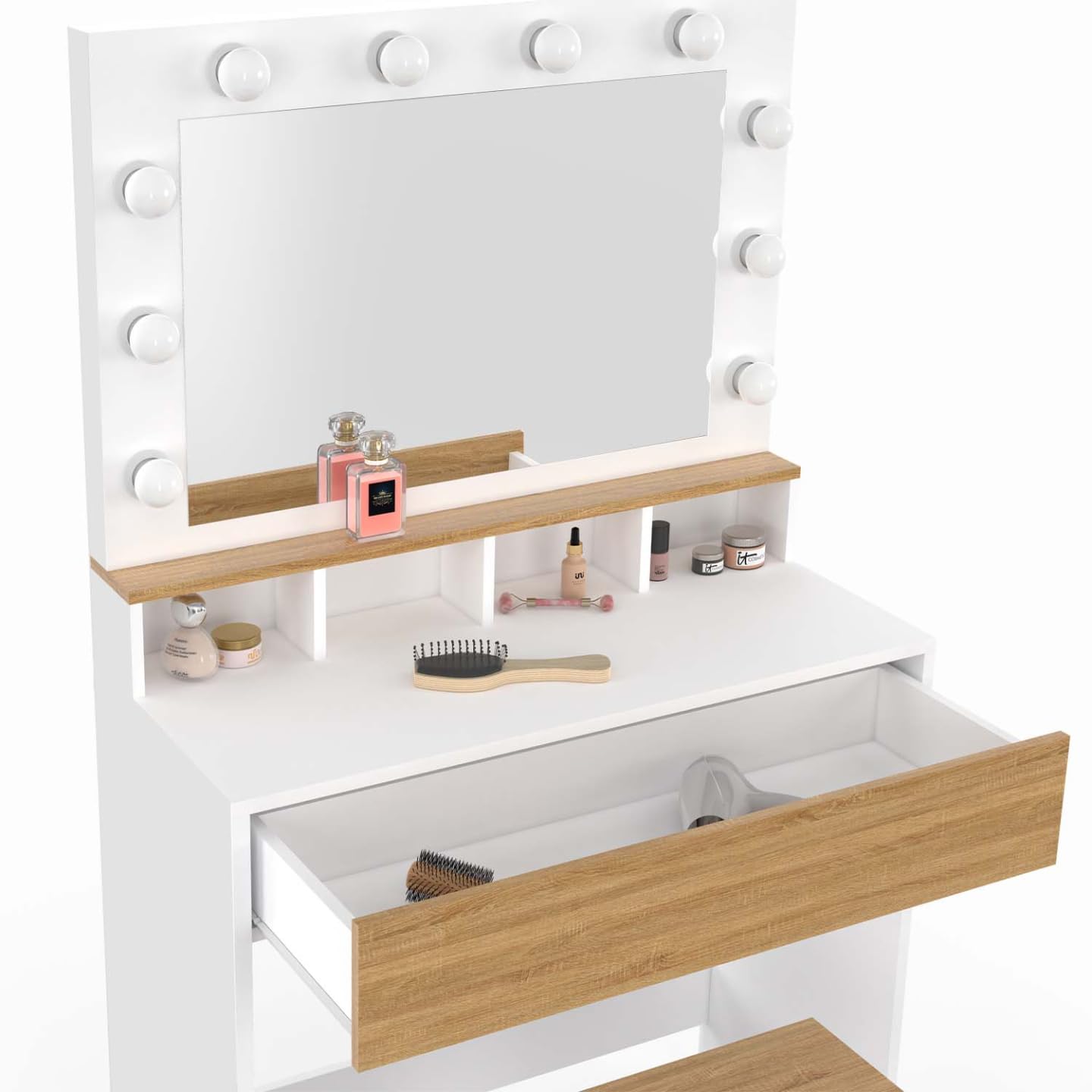 IDMarket - Coiffeuse Zelia Blanc et hêtre Miroir LED