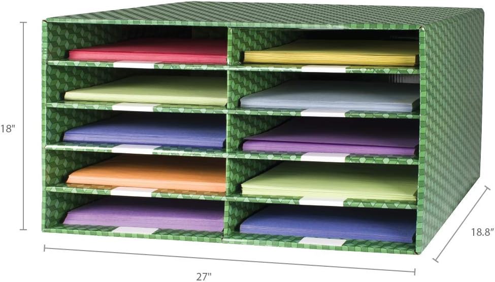 Storex 10-Compartment Construction Paper Sorter, Plasticized Dry-Erase Surface, Green (80401U01C), 27 x 18.8 x 17 Inches, 10 Slots