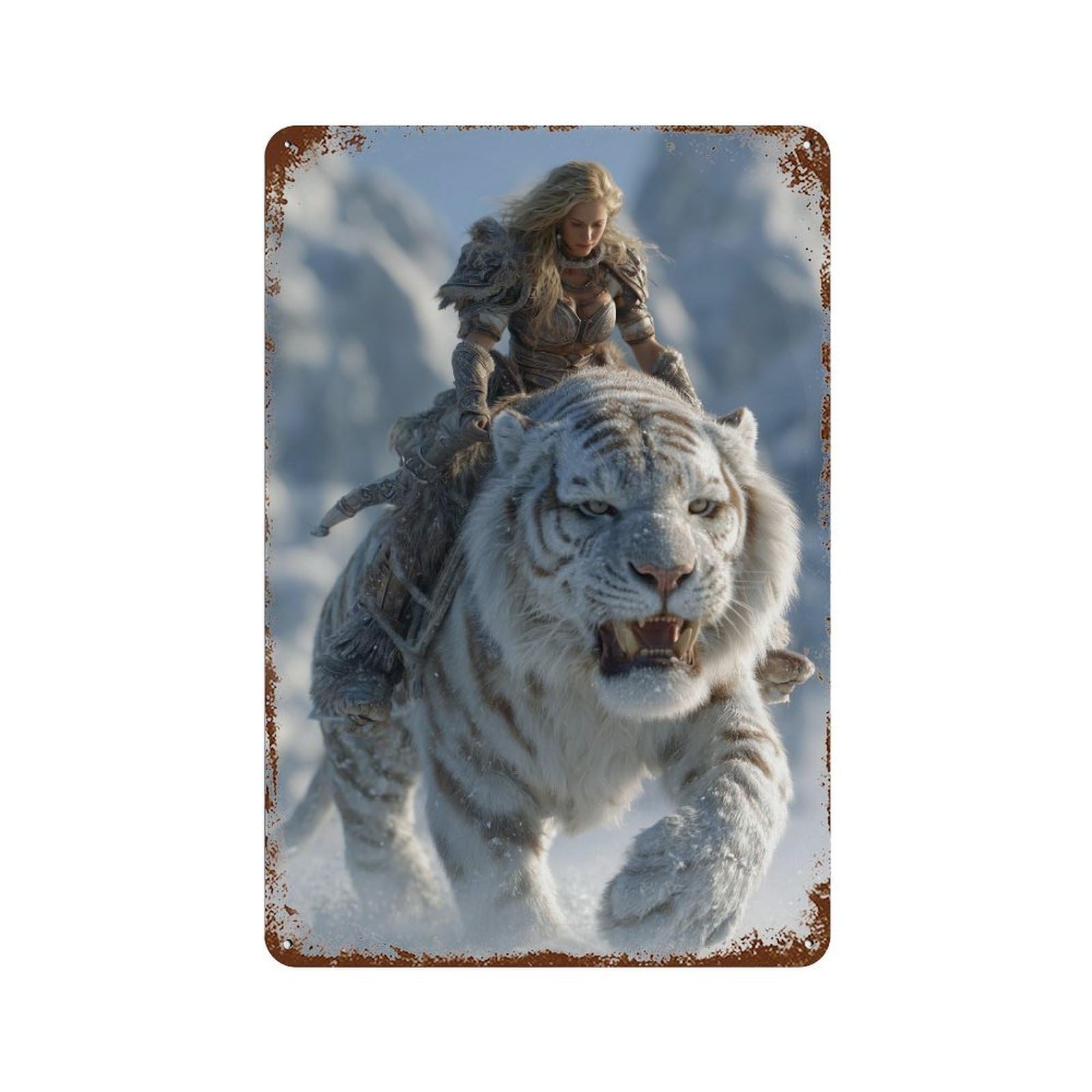 Snowy Tiger Adventure 11.8"x7.9" Weathered Tin Sign, Shabby Chic Decor for Farmhouse, Kitchen And Entryway Decor