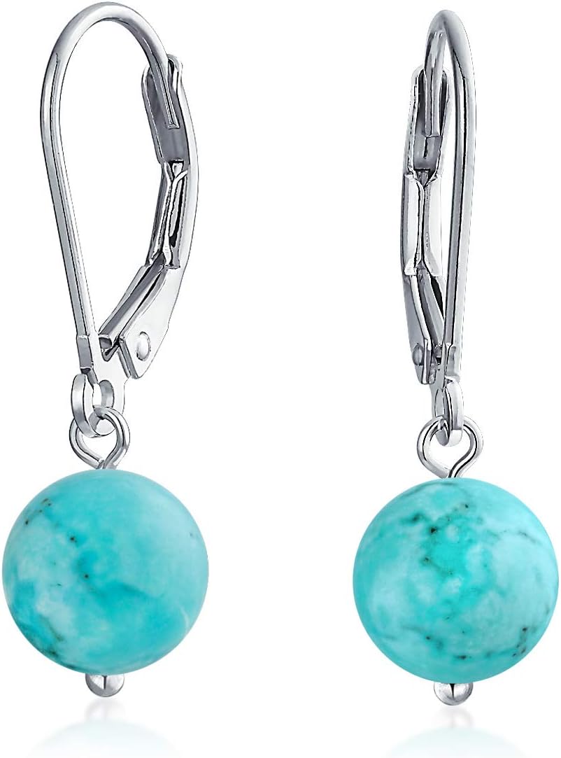 Simple Basic Gemstone Round 8MM Bead Ball Drop Dangle Earrings For Women Teen Secure Hinge Lever back .925 Sterling Silver Birthstones More Colors