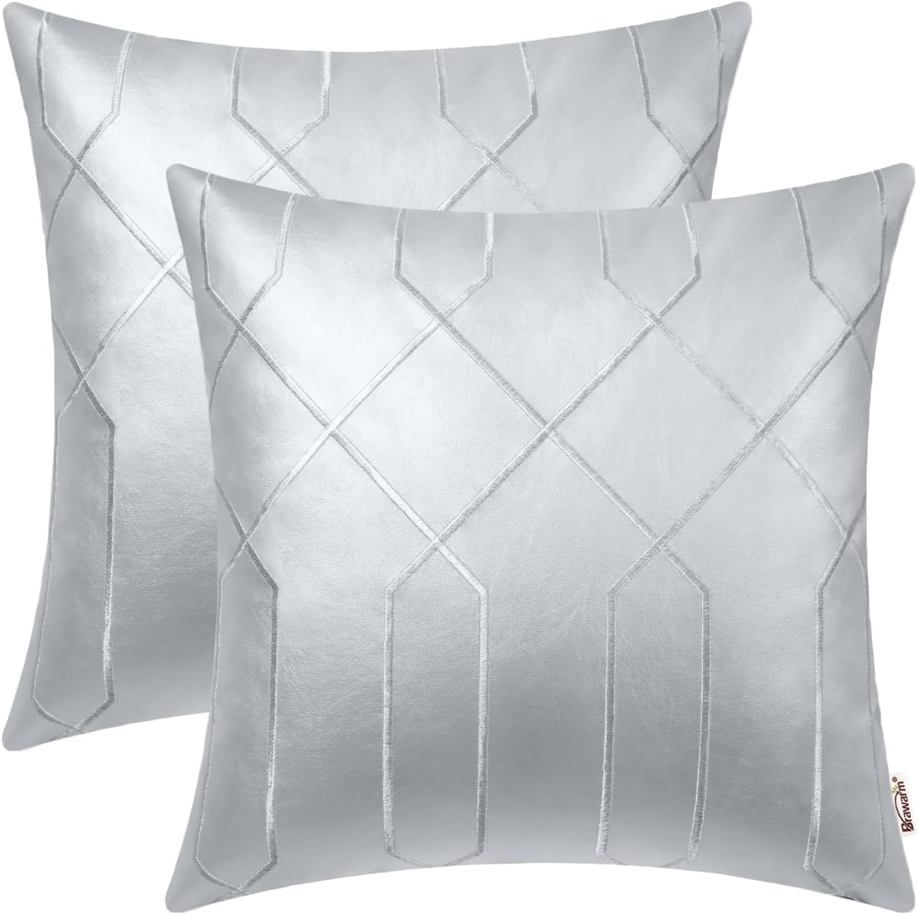 BRAWARM Leather Pillow Covers 22 X 22 Inches - Silver Faux Leather Pillow Covers Pack of 2, Geometric Embroidery Leather Decorative Throw Pillows for Living Room Couch Bed Sofa Home