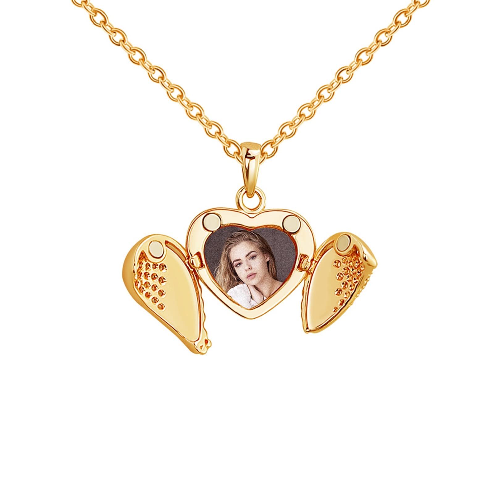 AMDXD Pendentif photo personnalisé en acier inoxydable argenté/doré/or rose - Médaillon en forme de cœur et d'ailes pour homme et femme avec boîte cadeau pour bien-aimé