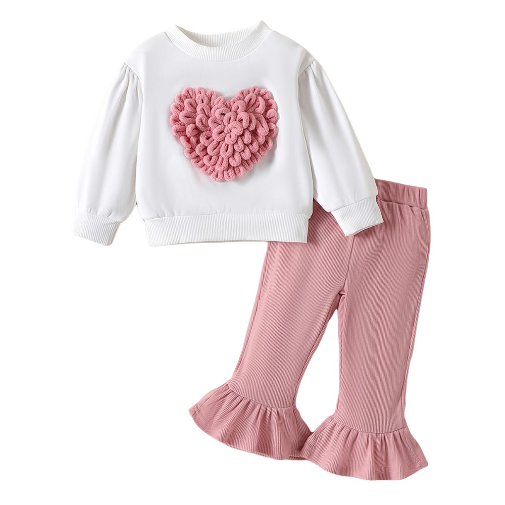 Girls Bishop Sleeves White 2-Pc Heart Sweatshirt & Pants-image-9