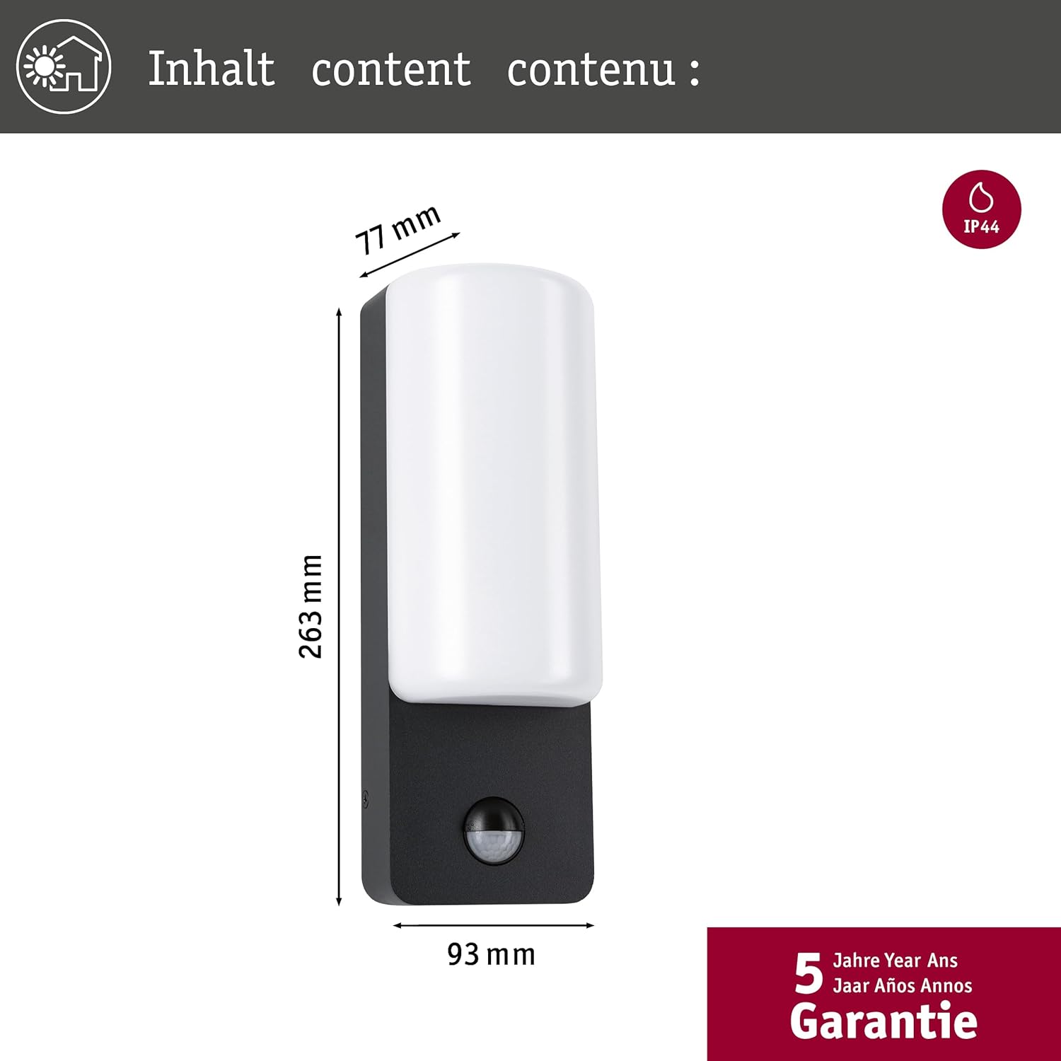 Paulmann Bonnie LED outdoor wall light with dimensions and 5-year warranty