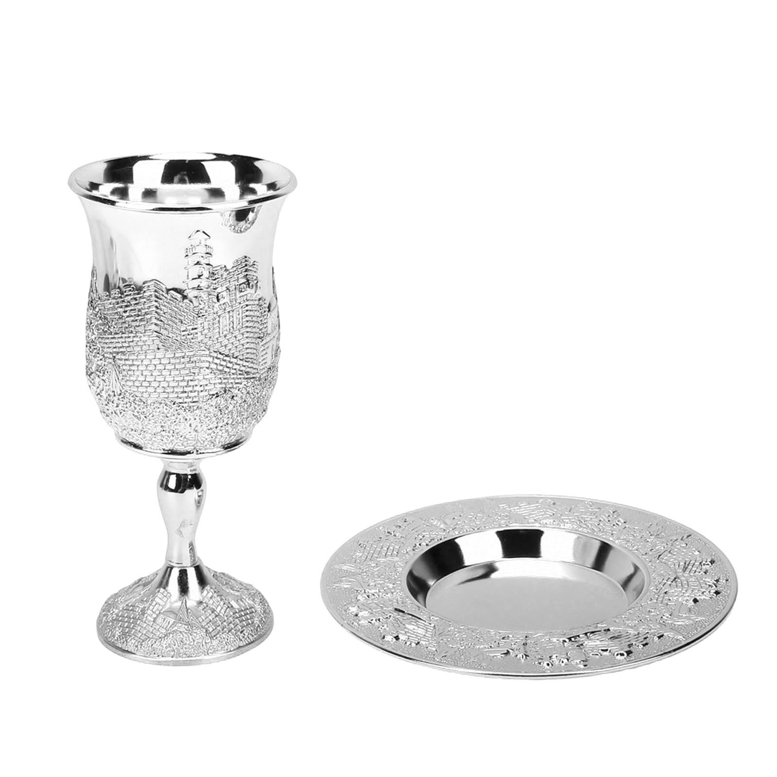 Brrnoo Juego de Copas Kiddush, Cáliz y Plato Religiosos para Vino, Elaborados Artesanalmente en Aleación de Zinc con Diseño Vintage para Bodas, Fiestas y Ceremonias familiares. (Color plateado)