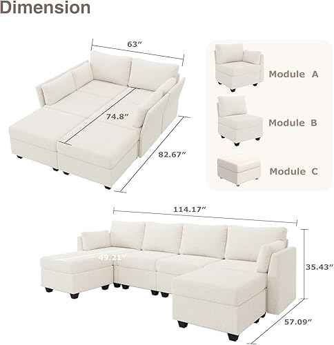 Miniatura 3 de Sofá modular modular de 114.17 pulgadas, sofá modular de 6 asientos con almacenamiento, espuma viscoelástica, sofás seccionales convertibles para