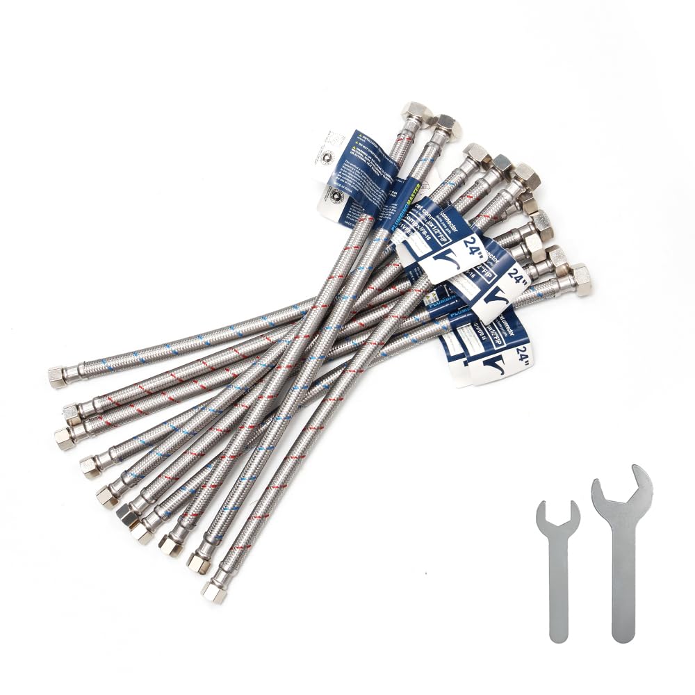 Tubo flessibile per rubinetto da 61 cm, 10 linee di alimentazione per rubinetti (3/8" Comp x 1/2" FIP), linee di alimentazione sicure certificate per rubinetto del bagno