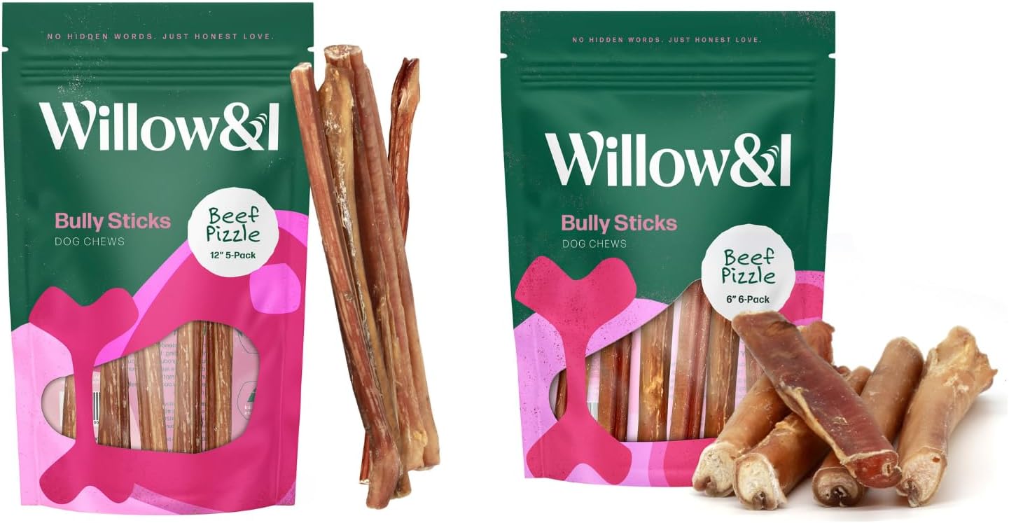 Willow&I Bully Sticks Bundle - 12 Inch Bully Sticks, 5 Pack & 6 Inch Bully Sticks, 6 Pack for All Breeds - Premium 100% Grass-Fed Beef Pizzle, Long-Lasting Natural Dog Chews