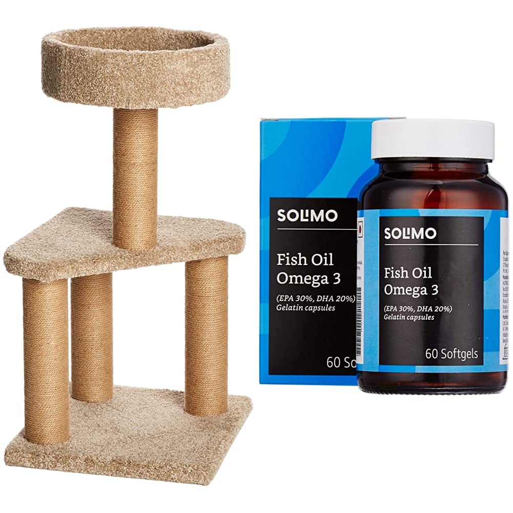 AmazonBasics Cat Activity Tree with Scratching Posts, Medium & Amazon Brand - Solimo Omega-3 Fish Oil 1000mg with 30% EPA and 20% DHA  - 60 Softgels