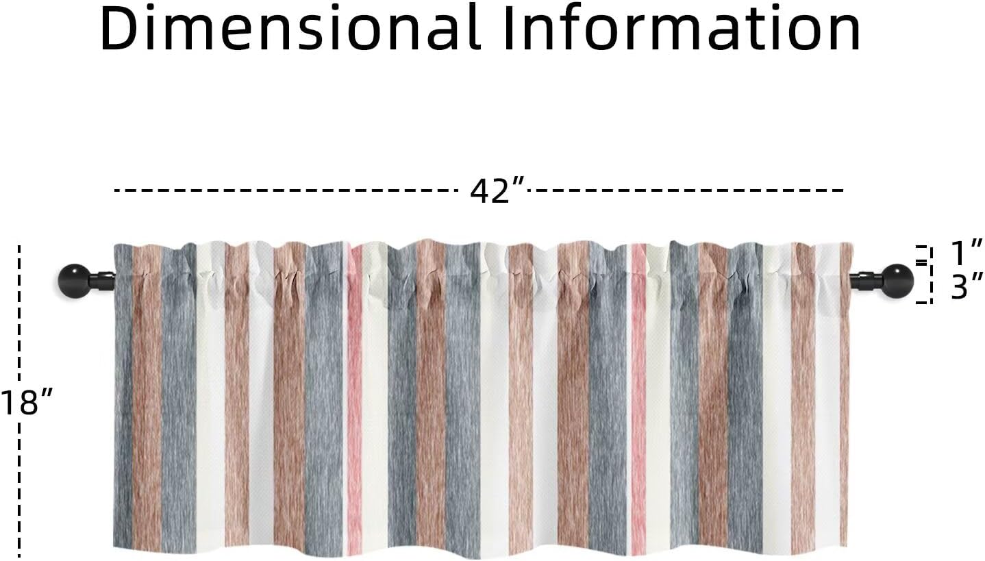 Striped Valances for Windows, Grey Brown Beige Stripes Kitchen Valance for Bedroom Living Room Bathroom Geometric Small Window Treatments 2Panels 42x18inches