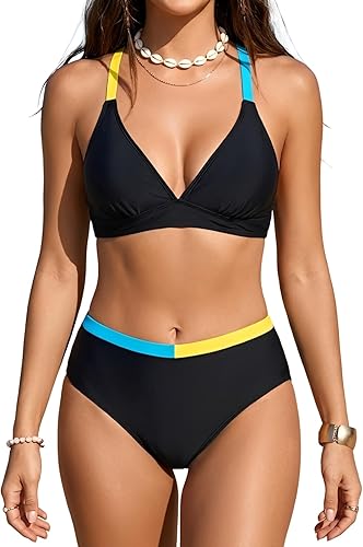 B2prity Bikini Sets for Women Tummy Control Two Piece Swimsuit Color Block V Nec