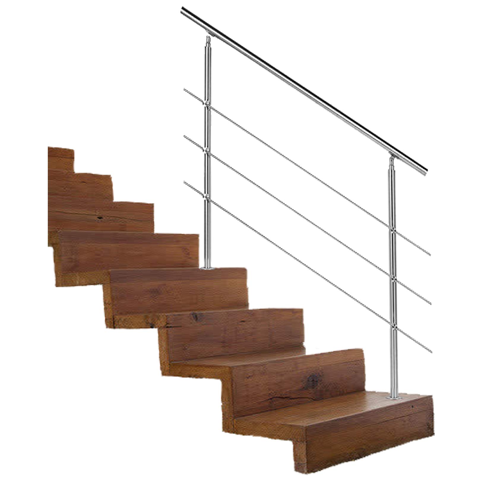 LWJSOCP Stair handrail Stainless Steel Stair Handrail - 3 Crossbars - Outdoor Bars for Gardens Stair Banister Handrail Indoor and Outdoor, 2 Posts, Silver
