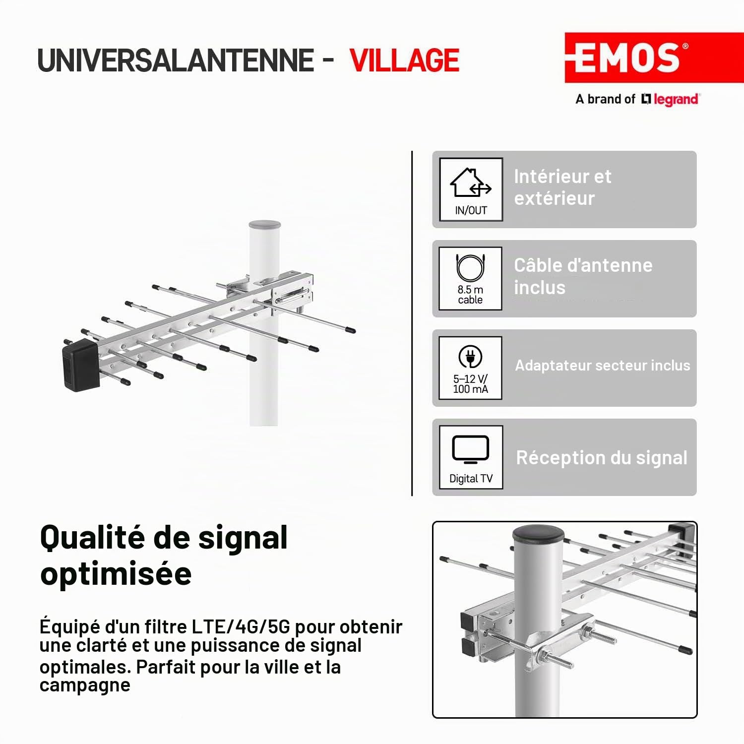 EMOS Antenne extérieure DVB-T2 avec amplificateur, antenne extérieure active pour une puissance maximale du signal, LTE et filtre 5G intégré, pour réception à distance 0-100 km, connexion au récepteur