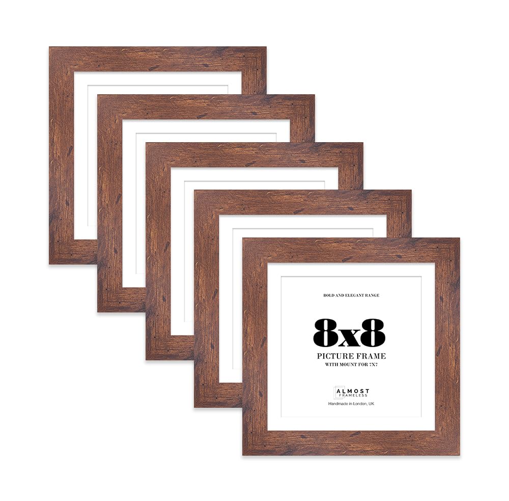 8x8" Rustic Wood Square Frame With Mount for 7x7" Pictures 28mm Edge Frame Display with Wall Hooks and Kickstand, 5 Pack