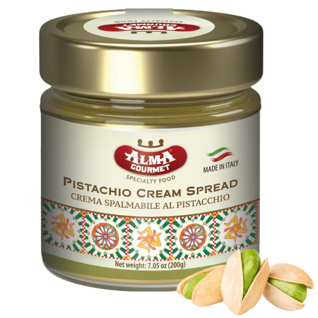 Alma Gourmet Sicilian Pistachio Cream Spread - Pistachio Spreadable Cream Imported from Italy - Ideal to Spread on Bread, Biscuits, Waffles, Pancakes, Croissant, Cookies, Muffins and Crepes - Perfect to Garnish Ice Cream, Frappé, Cakes and Cheesecakes - 7.05oz (200g) (Pack of 1)