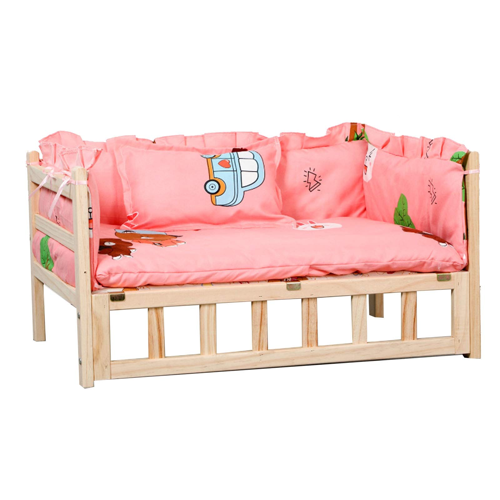 JLXJ Elevated Wooden Pet Dog Bed Pine Frame, Pink/Blue/Grey Removable Pad Mat, Portable Orthopedic Dogs Sofa Kennel for Large/Medium/Small Pets (Color : Pink-2, Size : Medium)