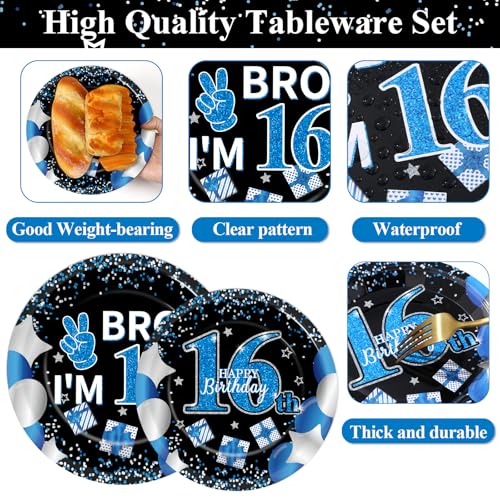 Image of Qyeahkj 100 Pcs 16th Birthday Decorations for Boys Official Teen Supplies Plate Napkin Forks Set Disposable Blue 16th Birthday Tableware Paper Plates Dinnerware for Kids Teenager Favors Serve 25