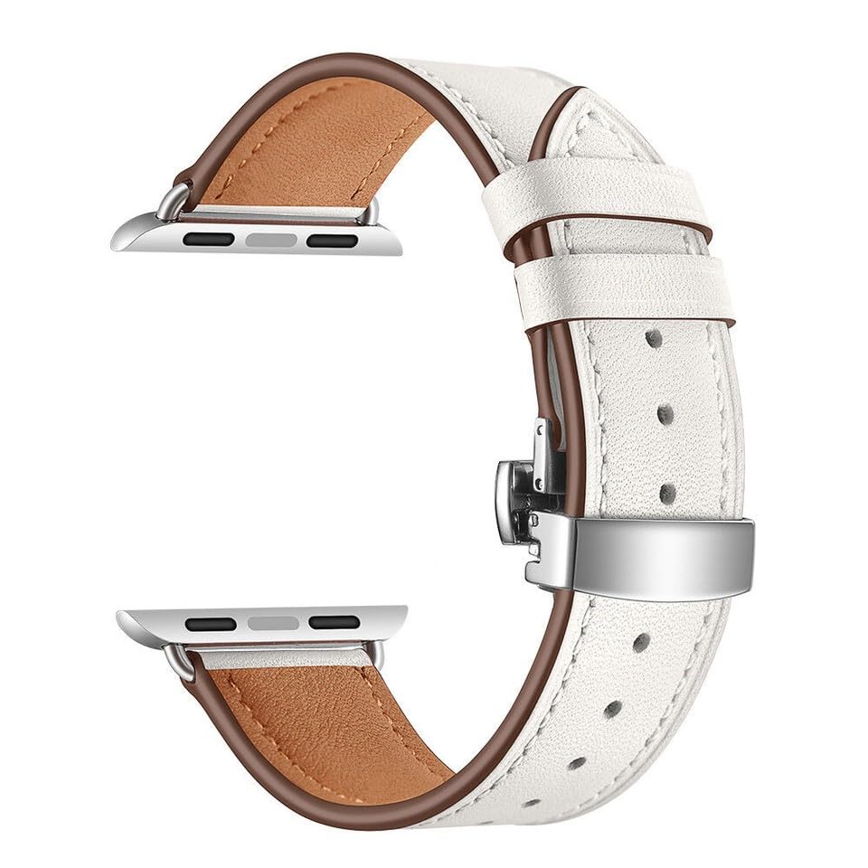 Bracelet iWatch 49mm en cuir véritable blanc et bouclier argenté élégant