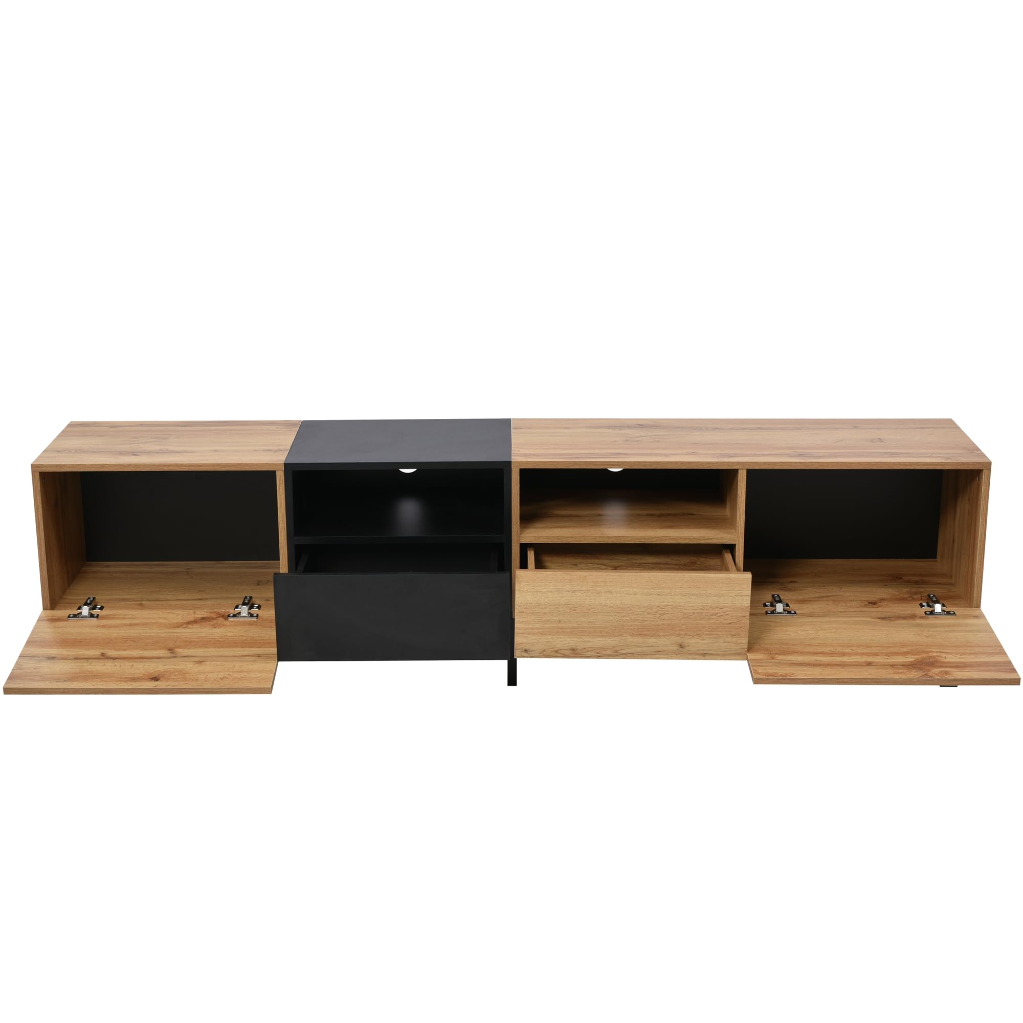 190cm TV Lowboard mit 2 Türen und 2 Schubladen, TV Schrank mit Stauraum, Moderner Fernsehschrank mit 2 Offene Fächer, Fernseher Schrank für Wohnzimmer, Holz und Schwarz