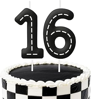 Black White 16th Birthday Candles, Number Candle Birthday Cake Topper Decorations for Race Car Themed Party, Stripes Birthday Candle for Boys Girls Party Decor Supplies