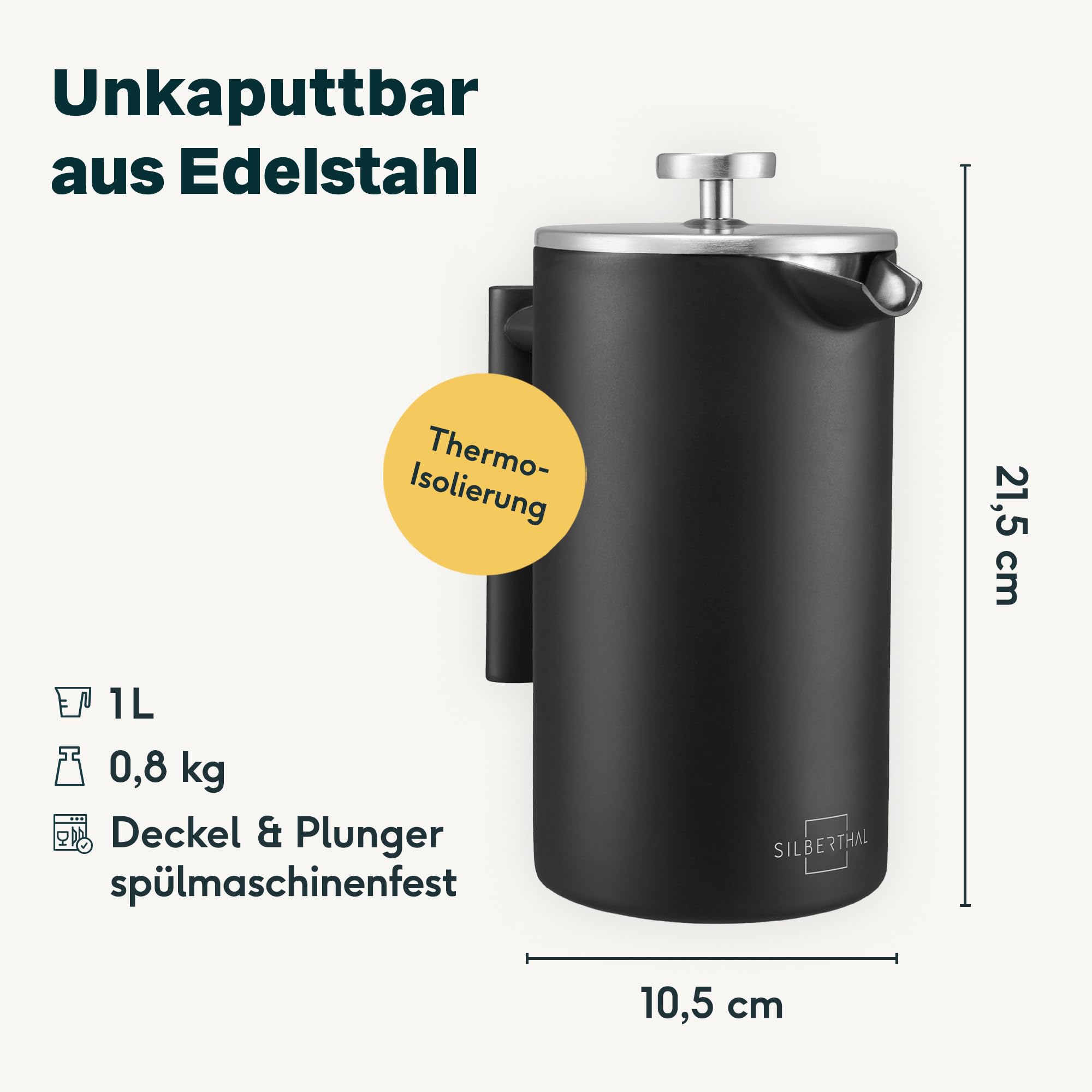 SILBERTHAL French Press Thermo 1 Liter - Kaffeebereiter Edelstahl - Doppelwandig isolierte Kaffeepresse für Outdoor - Kaffeekanne zum Verschenken