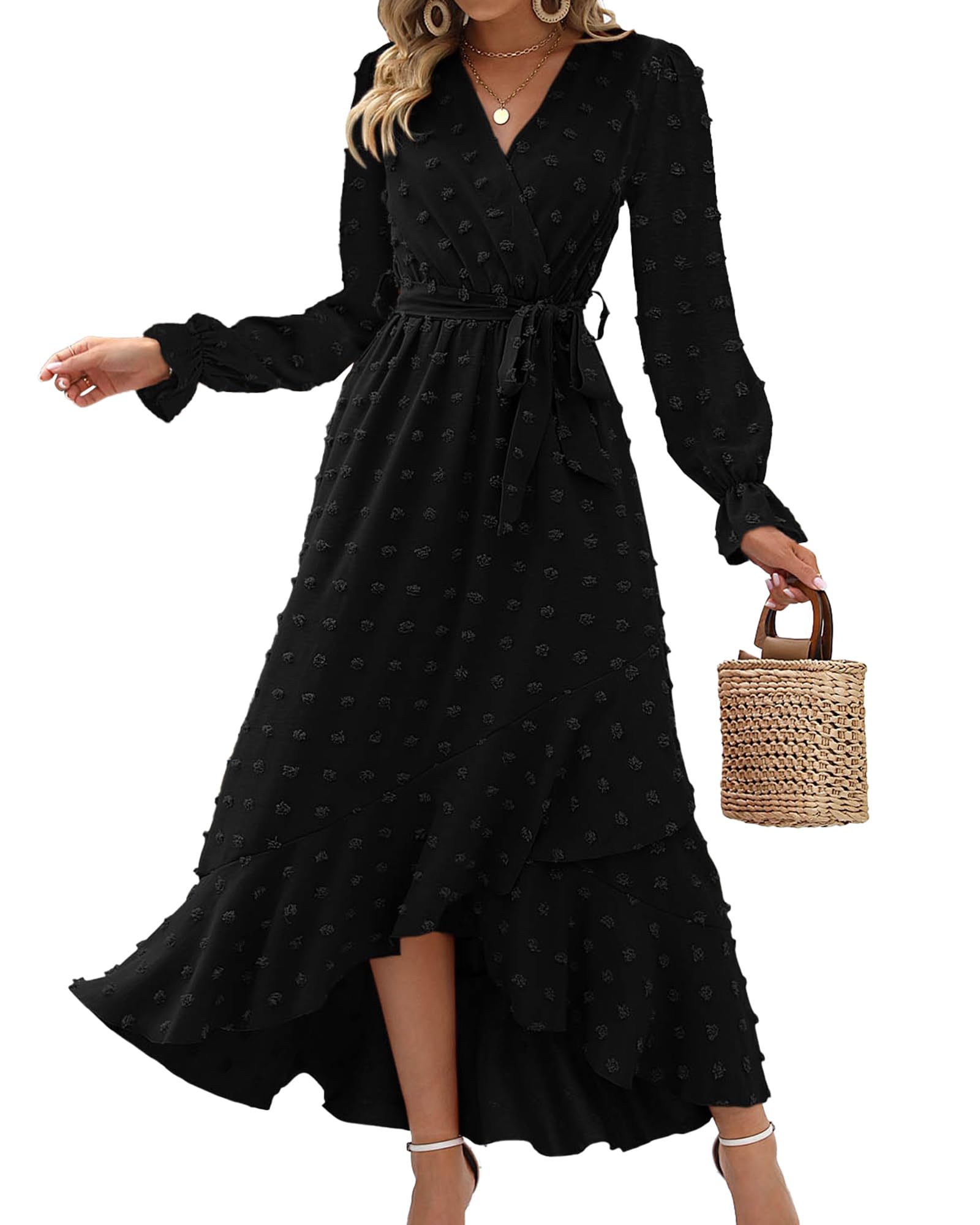 BTFBM Womens Boho Cocktail Maxi Dress Fall Fashion 2025 V Neck Long Sleeve Swiss Dot Flowy Slit Wedding Guest Dresses