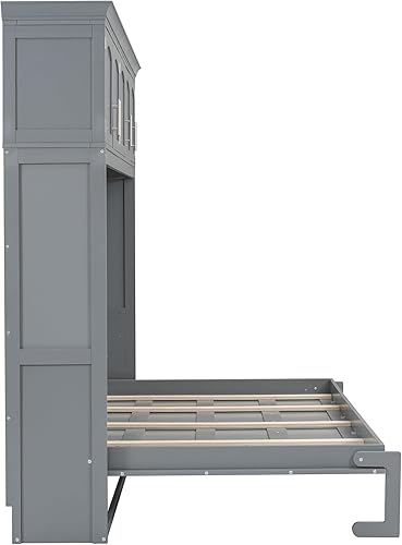 Miniatura 14 de Merax Moderno mueble Murphy con armarios superiores, plataforma de pared de madera maciza, no necesita somier, fácil de montar, color gris