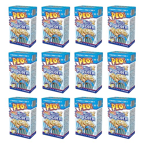 Peo's Micro Popcorn, Gesalzenes Mikrowellenpopcorn im 36er Vorteilspack, 12 Schachteln mit 3 x 100 g Inhalt, Popcorn Mais salzig für die Mikrowelle, Filmsnack, Kinoabend