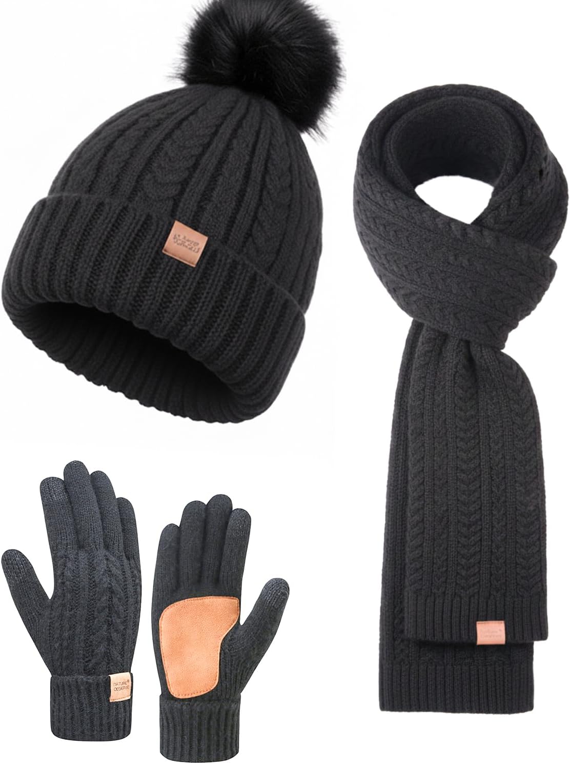 Winter Hat Scarf Gloves Set for Women Warm Thick Soft Long Knit Scarf Fleece Lined Beanie Touchscreen Glove Cold Weather Gift