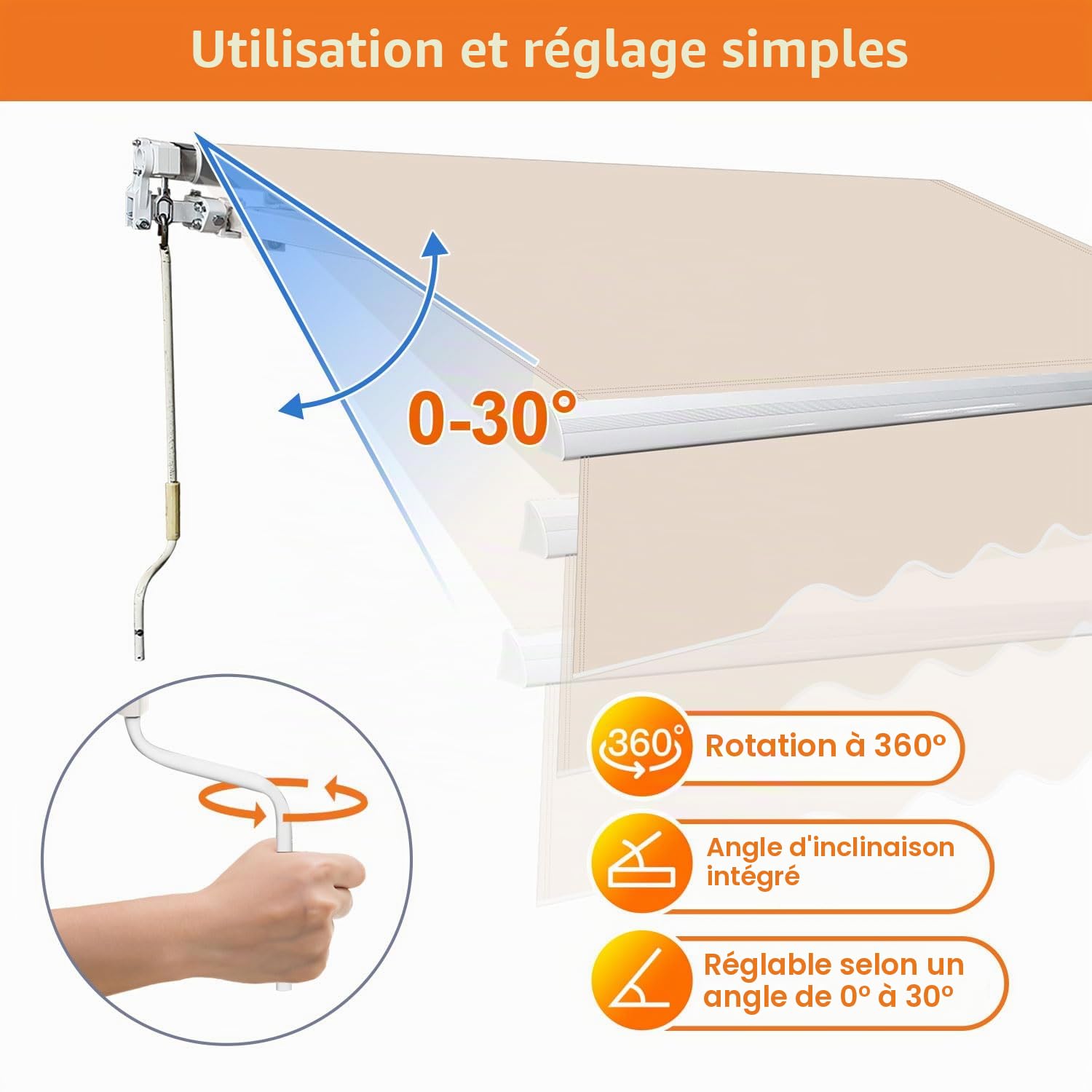 Fiqops Auvent manuel à bras articulés, 350 x 300 cm, protection solaire avec manivelle, anti-UV et imperméable, en aluminium/polyester, pour balcon, terrasse, jardin, beige