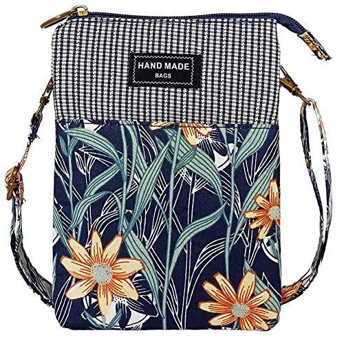 LassZone Canvas Crossbody Phone Bag for Women Girls Small Cross Body Bag Mini Shoulder Hanndbags 5 Layers Coin Purse Wallet with Floral Pattern (Blue)