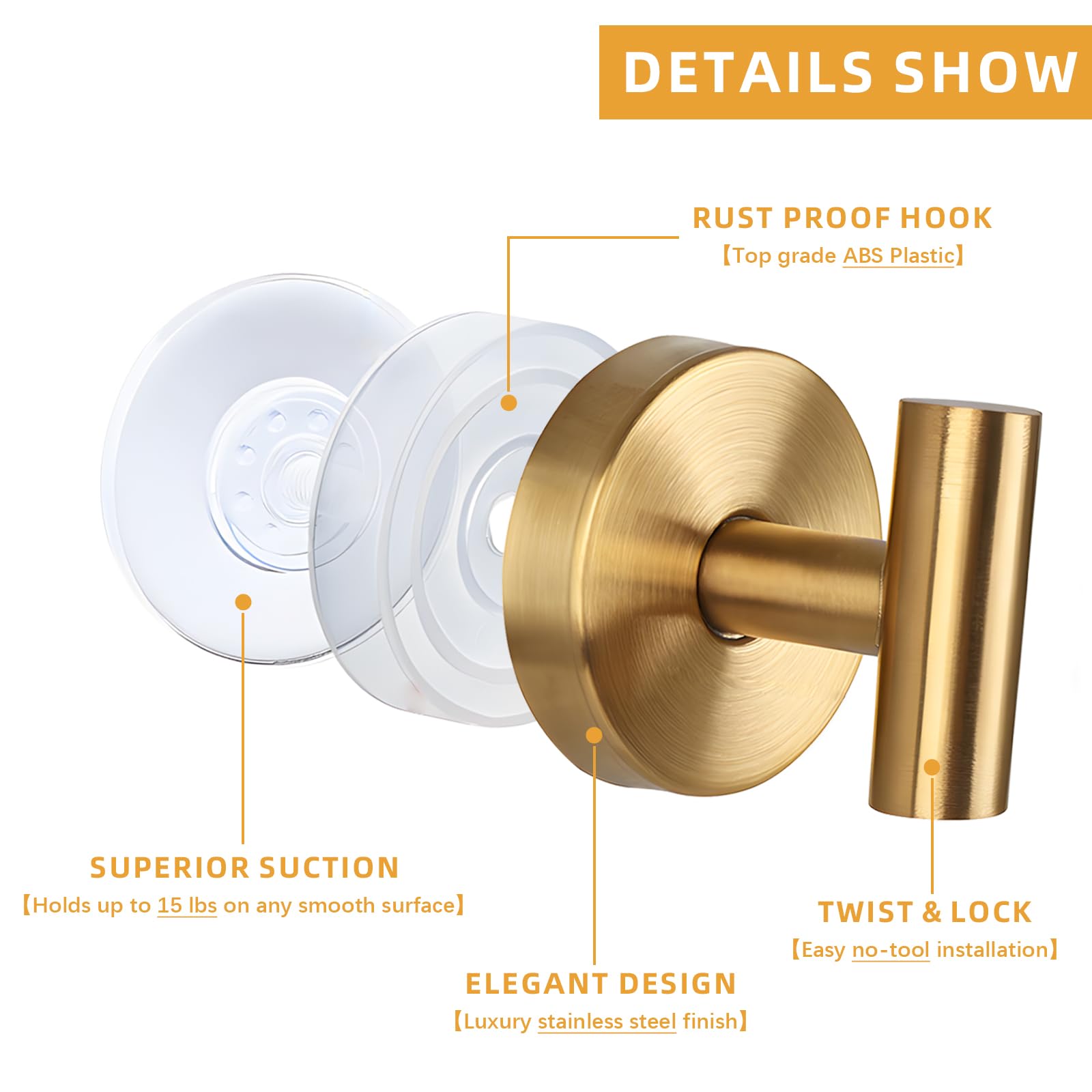 VEINARDYL 2 Pcs Suction Cup Hooks, Stainless Steel Removable Shower Towel Hook - Image 3
