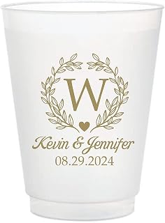 Personalized Elegant Monogram 16oz Translucent Frosted Flex Cups for Wedding, Anniversary, Engagement Party Favors, Excellent Durability with Ease of Disposable, BPA-Free