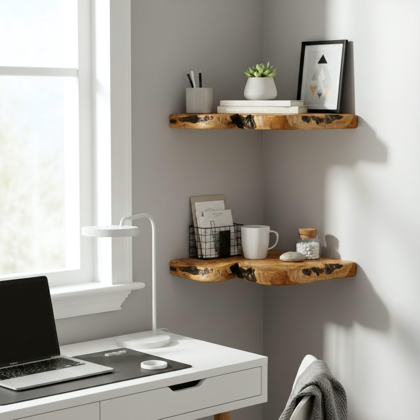 WELLAND Live Edge Cedar Corner Shelves - Floating Wall Decor -6