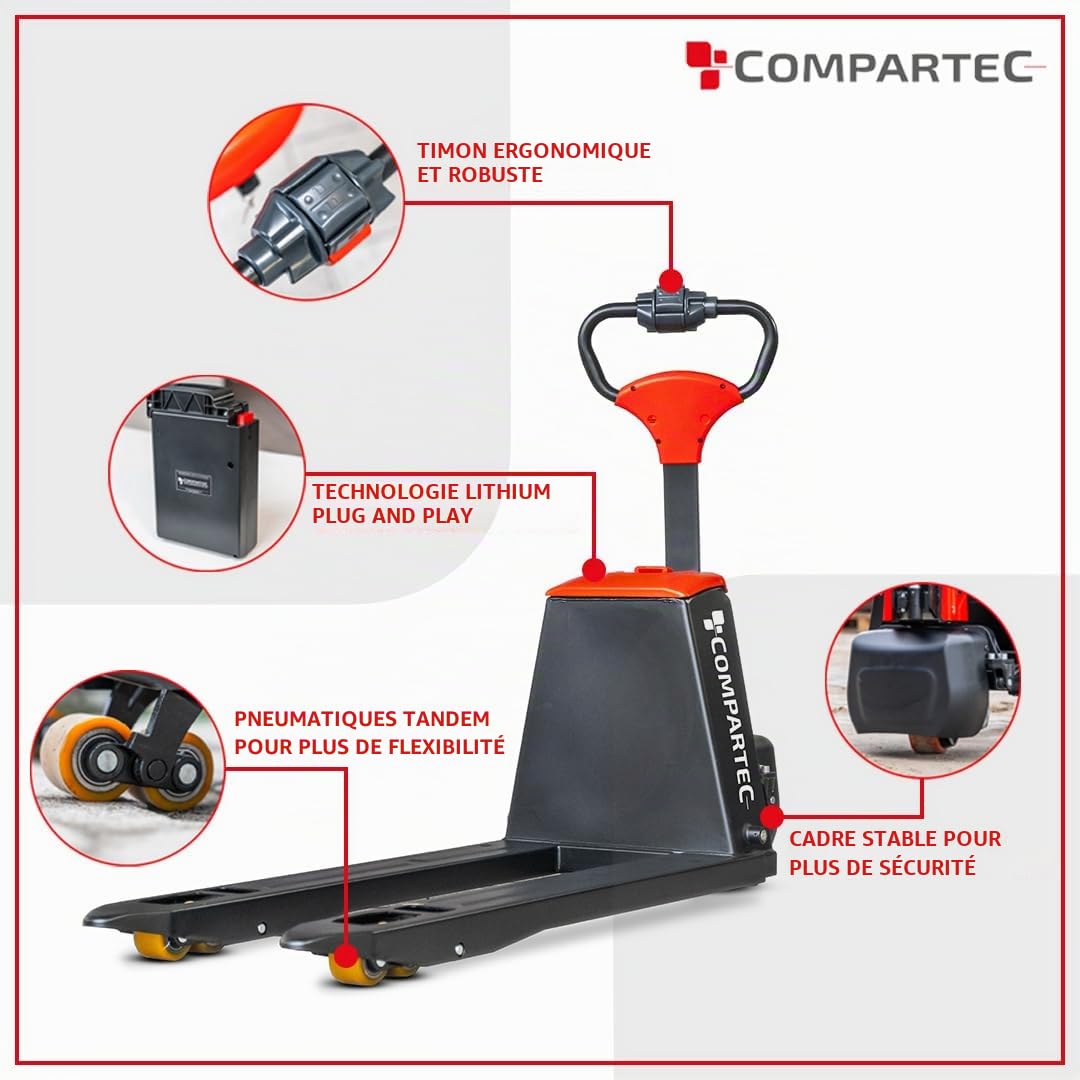 Chariot élévateur électrique : Compartec F3 - Batterie lithium-ion, charge de 1500 kg, longueur de fourche 1150 mm. - Norme industrielle - Performance et efficacité fiables - Idéal pour les entrepôts