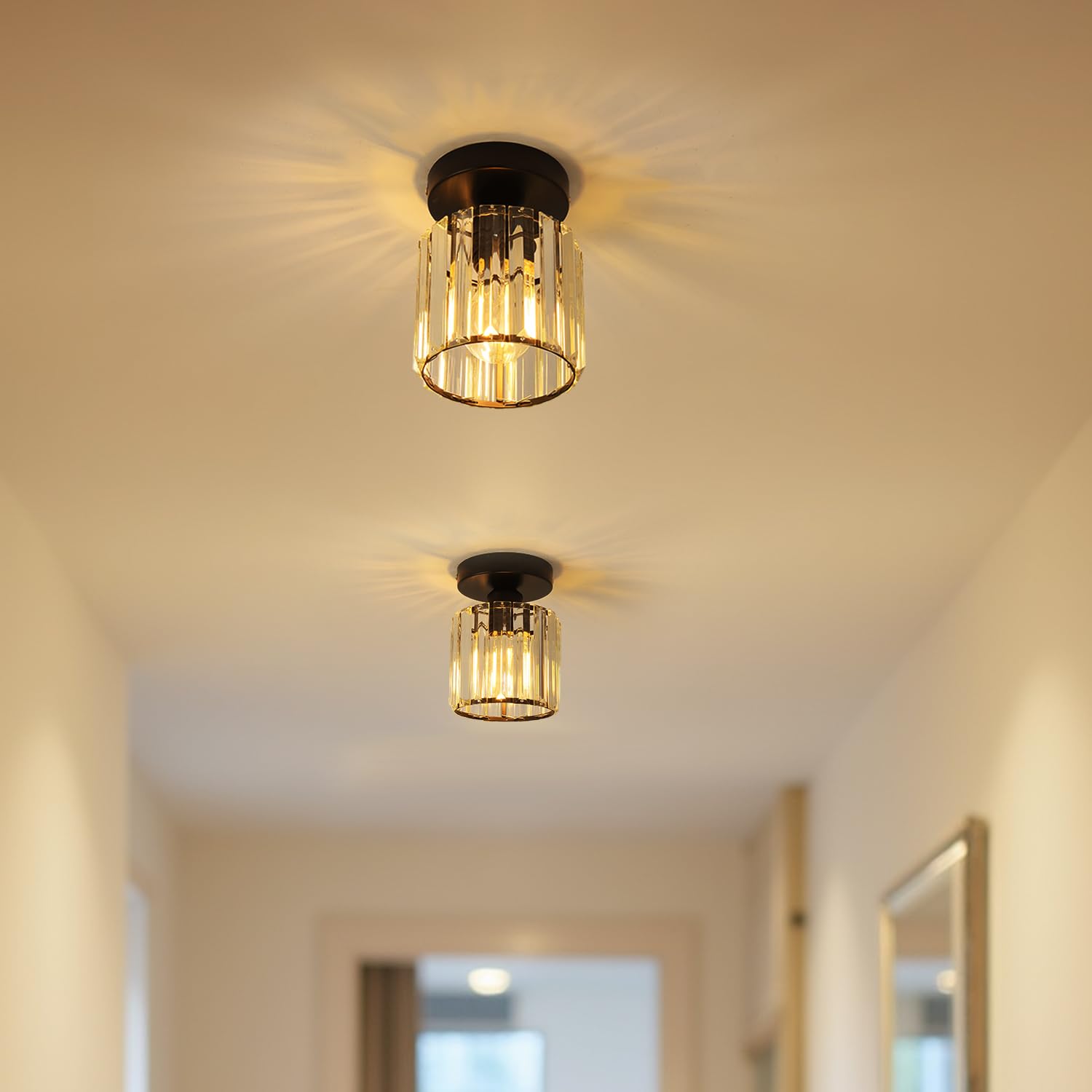 ANWIO Zwarte kristallen lamp, kroonluchter slaapkamer met 1 lamp, moderne kroonluchter E27, plafondlamp van kristal met glazen lampenkap voor badkamer, keuken, kleine slaapkamer, 20,5 cm (zonder lamp